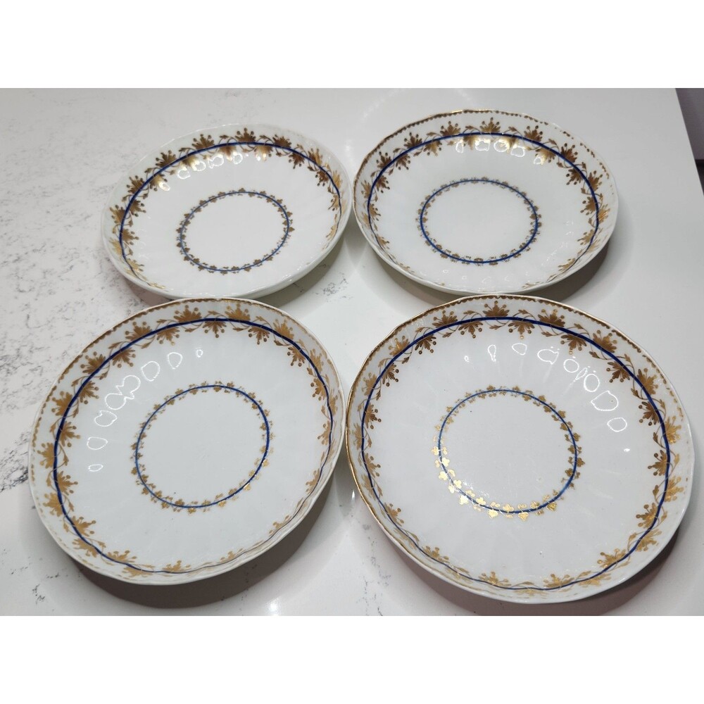 Set Of 4 Crown Derby 18th Century Fluted Gold and Blue Bowls Saucers Puce Mark